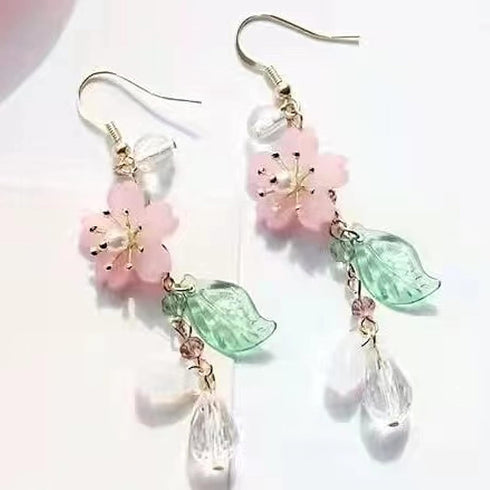 Pink Flower Dangle Earrings for Women Cute Cherry Blossoms Earrings Pearl Leaf Sakura Floral Drop Earrings Fairy Earrings Floral Tassel Earrings S...