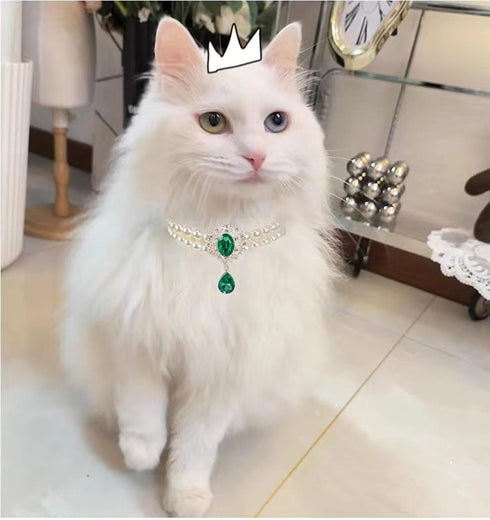 2 Row Pearls Collar for Cats Pearl Dog Collar Rhinestone Necklaces for Small Dogs Collar Accessories Cat Pearl Collar (Small, Emerald)...