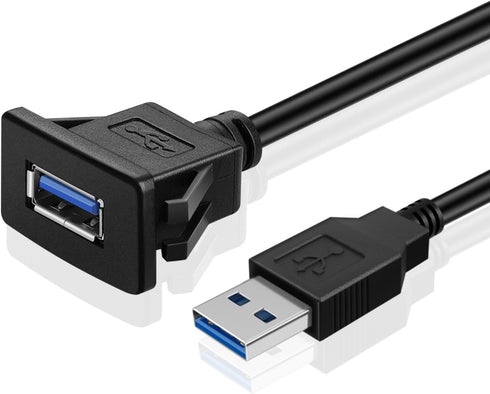 TNP USB 3.0 Flush Mount Cable w/Buckle (Square) Dashboard Panel Dash Mount 1 Port USB Socket Plug Jack Connector Extension Wire Cord Water Resista...