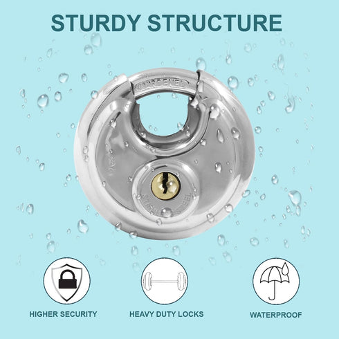 Round Disc Padlock, Heavy Duty Disc Locks Stainless Steel Round Lock with Key Padlock Discus Locks for Storage Unit, Fence, Garages, Sheds(3/8" Di...