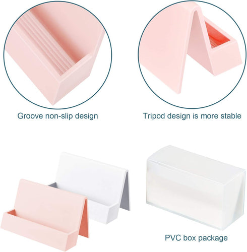 2 Pieces Business Card Holder for Desk Modern Plastic Name Card Case Display Stand Tabletop Business Card Rack for Women and Men (White, Pink)...