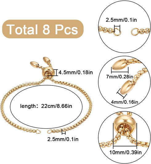 SUNNYCLUE 1 Box 8Pcs Adjustable Slider Bracelets Adjustable Slider Bracelet 304 Stainless Steel Slider Extender Chains Gold Slider Bracelets Bulk ...