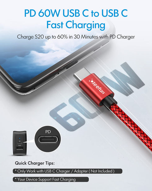 CLEEFUN 3ft USB C to USB C Cable PD 60W for iPhone 15/15 Pro/15 Plus/15 ProMax, Fast Charging Type C Charger Cable Braided Compatible with Samsung...