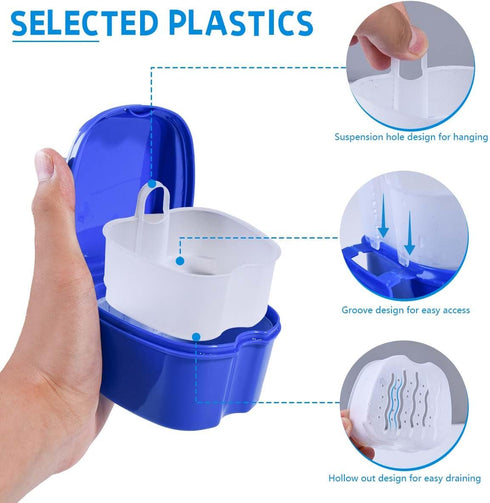 2 Pack Colors Denture Bath Case Cup Box Holder Storage Soak Container with Strainer Basket for Travel Cleaning (Light Blue and Blue)...