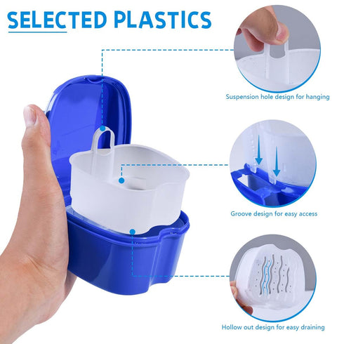 3 Pack Colors Denture Bath Case Cup Box Holder Storage Soak Container with Strainer Basket for Travel Cleaning (White, Blue, Light Blue)...
