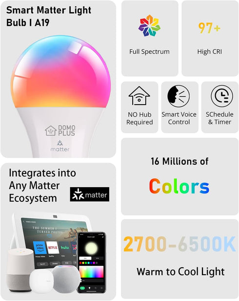 Matter Smart Light Bulbs, Full Spectrum Light Bulb, Work with Alexa and Google Assistant, WiFi Led Light Bulb, 16 Million Colors RGBWW, App & Voic...