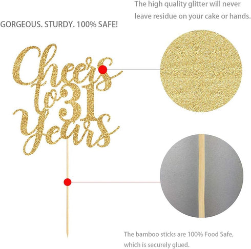 Gold Glitter Cheers to 31 years cake topper, Gold Happy 31st Birthday Cake Topper, Birthday Party Decorations, Supplies...