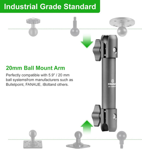 FANAUE Double Socket Arm 15cm Arm Compatible Mount 0.78" Ball Components, Aluminum Construction - Fits 20mm Attachment Ball and Dash Mount (DA-150...