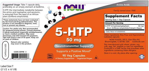 NOW Supplements, 5-HTP (5-hydroxytryptophan) 50 mg, Neurotransmitter Support*, 90 Veg Capsules...