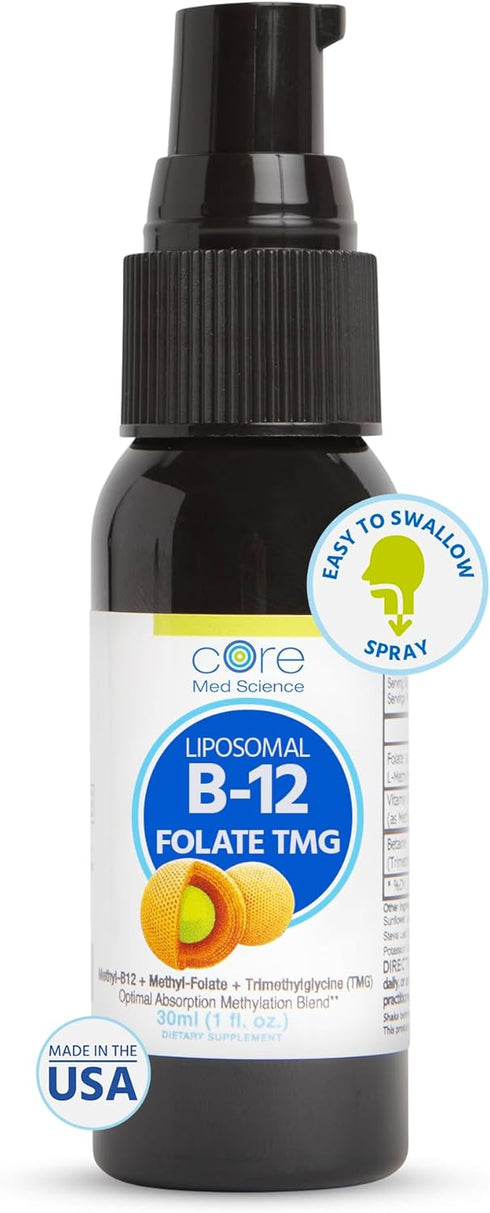 Core Med Science Liposomal B12 Folate TMG Liquid Spray Supplement for Women & Men - Supports Mood, Cognitive, & Heart Health - Vitamin B9 & Betain...