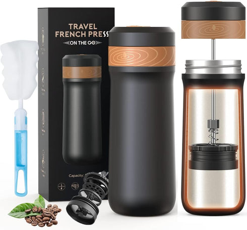 Classic Portable French Press Coffee Mug 12 oz with Carry Loop, Stainless Steel French Press Coffee Maker, BPA Free Great for Camping and Travel...