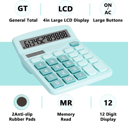 Cute Light Blue Desktop Calculator with Big Buttons, Dual Power Source, Solar and Battery, Large Display Screen - Perfect for Office, Teachers, an...