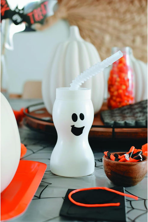 Fun Express Set of 12 Pieces Ghost Shape Cups with Straw for Halloween, Holds 8 oz, BPA Free Plastic, Kids Party Supplies, White...