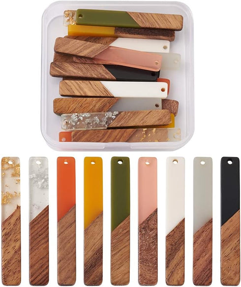 Beadthoven 18pcs/9 Pairs Natural Wood Resin Rectangle Bar Charms Bohemian DIY Earrings Pendants Mixed Colors Vertical Bar Wooden Pieces Pendants f...