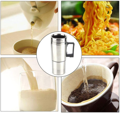 Qiilu Car Electric Kettle, 12V 350ml+150ml Stainless Steel Portable Car Electric Heating Mug Drinking Cup Travel Kettle Water Boiler for Water Tea...