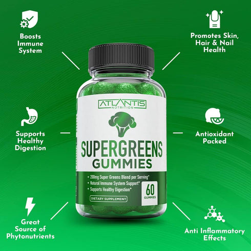 Supergreens Gummies - Daily Green Superfoods Supplement with Spinach, Broccoli, Moringa, Beet Root, Celery, Green Tea, & Acai for Immunity Support...
