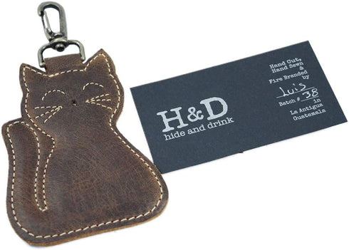 Hide & Drink, Cat-Shaped Keychain, Stuffed Animal-Shaped Ornament, Cat-Shaped Ornament, Key Organizer, Full Grain Leather, Handmade, Bourbon Brown...