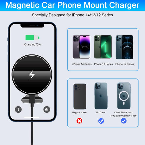 Magnetic Wireless Car Charger Mount,Compatible with MagSafe Car Charger,15W Fast Charging Air Vent Car Phone Holder for iPhone 15 14 13 Pro Max Pl...