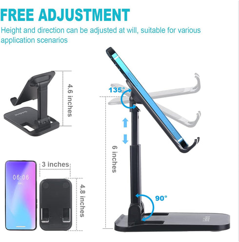 Folding Cell Phone Stand for Desk, Adjustable in Height and Angle Phone Holder, Widely Compatible with All Phones, Tablets, and Other Desk Accesso...