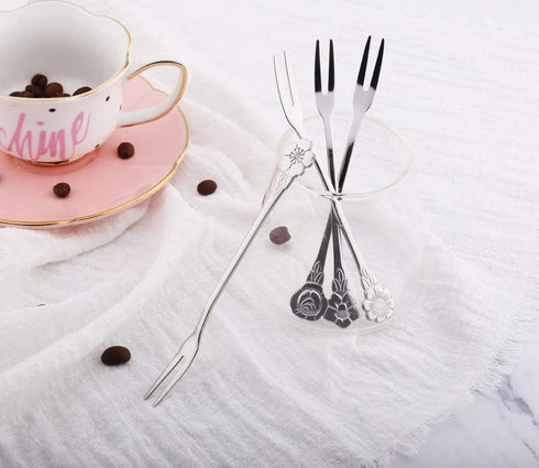 8Pcs 4.9 Inch Flower Stainless Steel Friut Forks Small Pickle Forks Dessert Cake Forks Salad Bistro Cocktail Fork Two Prong Dinner Appetizer Fork ...