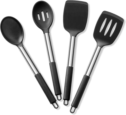 E-far Cooking Utensils Set of 4, Silicone Kitchen Utensils for Non-stick Cookware, Heat Resistant & Non-toxic Slotted Spatula Solid Spoon Turner f...