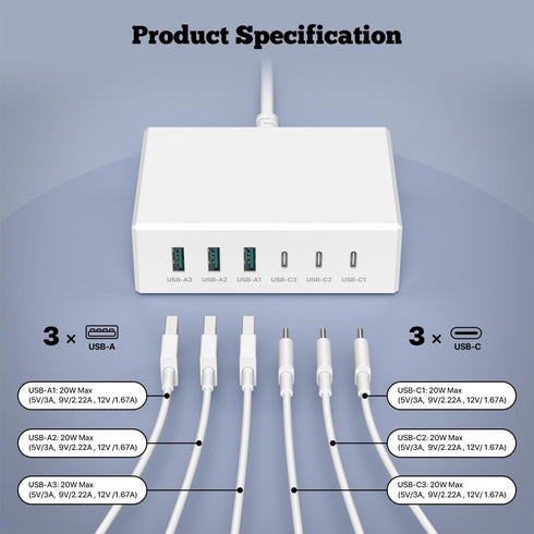 USB C Charger 120W GaN?Multiple USB Charger?3USB-C + 3USB-A? PD Charger, 6 Port USB C Charging Station Compatible with iPhone/Samsung/Google/Table...