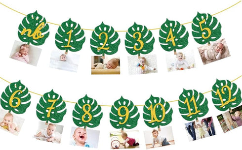 MATTTIME Tropical 12 Month Leaf Banner 1st Birthday Glitter Jungle Safari Wild One Monthly Photo Prop Zoo Party Decoration...