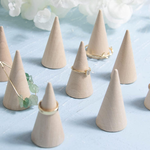 AUEAR, 10 Pack Wood Cone Ring Holder Finger Jewelry Display Stand DIY Craft Wooden (Natural, Vertical Shaped)...