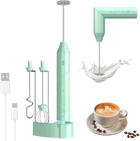 Milk Frother Handheld, USB-C Rechargeable Coffee Frother Wand, Electric drink mixer with Charging Base&3 Heads,3 Speeds Adjustable, Electric Whisk...