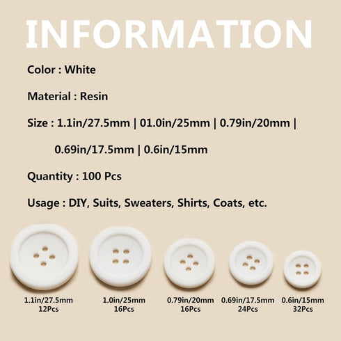 Sewing Buttons - Craft Buttons, 5 Sizes of 100 Pcs Versatile Buttons for Sewing, DIY Projects and Holiday Decoration (White)...