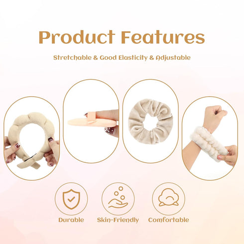 7Pc Puffy Spa Headband and Wristband Set Skincare Headband for Washing Face Scrunchies Powder Puffs Sponge Spa Makeup Headband Puffy Headband Terr...