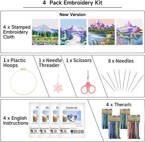 NEWSEE 4 Sets of Starter Kits for Embroidery Beginners, Cross Stitch kit, Embroidery Starter Kit Including Embroidery Hoop, Color Threads and Embr...
