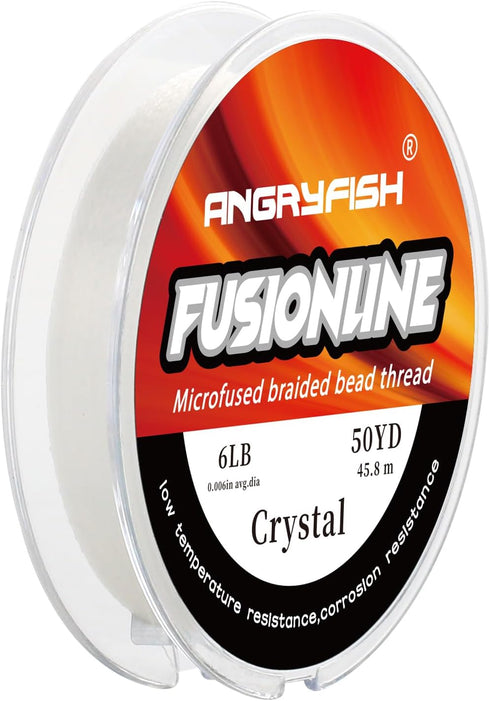 ANGRYFISH Fusionline,0.006 in/0.15 mm Diameter Micro-Fused Braided Thread,Break Strength 6 lb,50 Yard Spool, Crystal Color,Super Strong Stringing ...