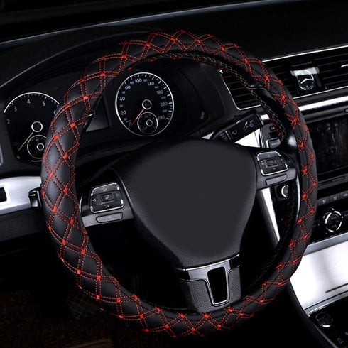 15inch Odorless Quilted Stitching Pattern Leather Car Steering Wheel Cover-Black with red...