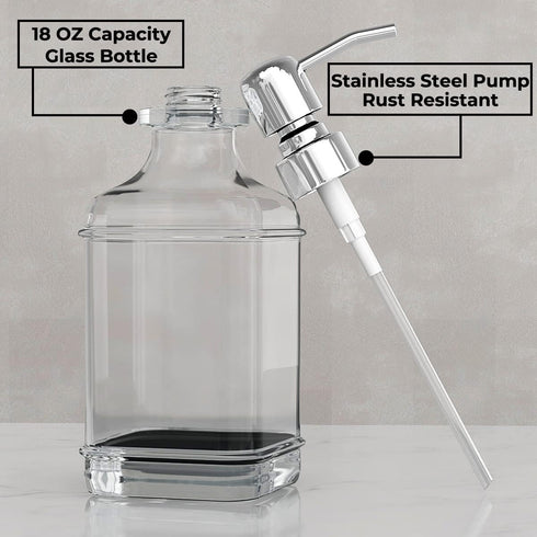 GLADPURE Soap Dispenser - 2 Pack, 18 Oz Antique Design Thick Glass Hand Soap Dispensers; with 304 Rust Proof Stainless Steel Pump, 6Pcs Clear Stic...