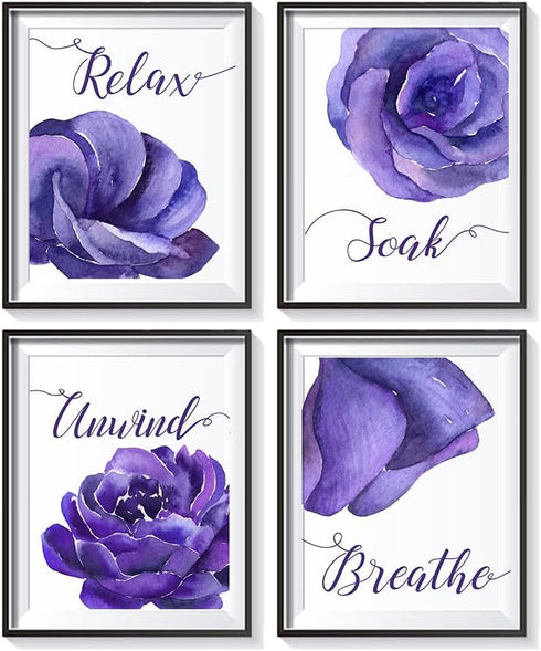 heshengzaixian Purple Flower Bathroom Wall Art Print,Mauve Rose Floral Relax Soak Unwind Breathe Quotes Bathroom Set,Modern Boho Minimalist Decor ...
