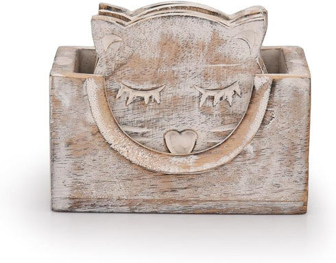 NIRMAN Wooden Crafted Unique Adorable Cat Shaped Coasters Set of 6 with Holder, Bar Dining Table Home Décor...