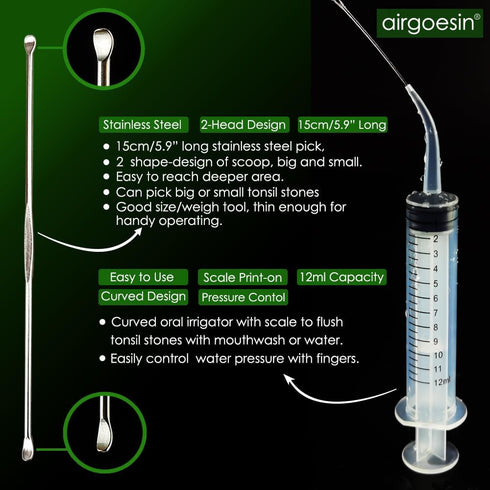 Airgoesin Upgraded 2 Lighted Tonsil Stone Remove Tool Tonsillolith Pick + Irrigation Clean Syringe Fresh Breath Oral Rinse...