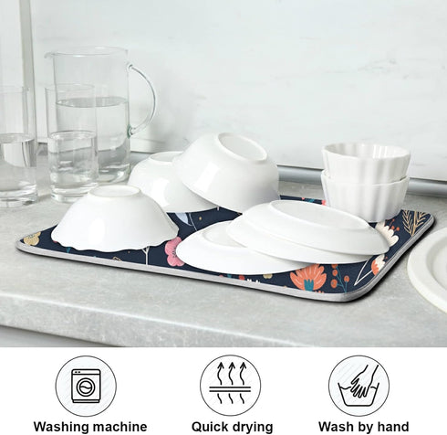 Dish Drying Mat for Kitchen Counter Colorful Flowers Black Absorbent Drying Matt for Dishes Sink Countertop 16'' x 18''...