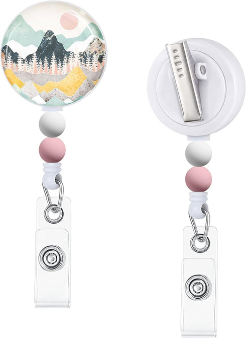 Badge Reels Retractable with Beads, Sunrise Landscape Badge Reel, Funny Id Badge Holders Retractable?Badge Clips Retractable ID Card Holder for Nu...