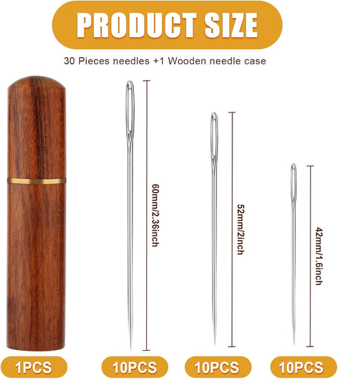 30pcs Large Eye Sewing Needles, Stainless Steel Hand Knitting Needles Sharp Tapestry Embroidery Needles with Wooden Needle Case Yarn Sewing Needle...