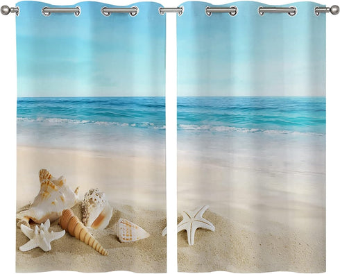 ALALAL Beach Bathroom Curtains, Summer Tropical Starfish Seashell Kitchen Curtains, Grommet Privacy Curtain for Small Window, Café, Bath, Laundry,...