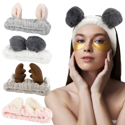 AHONEY Animals Ears Headbands, Cute Makeup Spa Fuzzy Skincare Headband for Washing Face Headband for Women Girls Coral Fleece Elastic Hair Band Co...