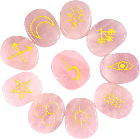 SUNYIK Natural Engraved Runes Stone Set of 10, Gypsy Symbols Healing Crystal Reiki Pocket Palm Stones Kit for Meditation Divination, Rose Quartz...
