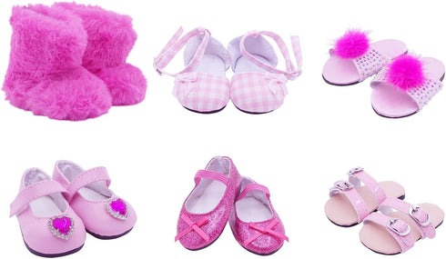 6 Pairs 18 inch Doll Shoes Hot Pink Set Boots Slippers Sandal Fits for American Dolls Shoes for 18 inch Dolls Accessories...