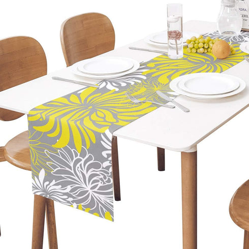 Floral Table Runner-Yellow Gray White Cotton linen-Long 72 inche Dresser Scarves,Flower Tablerunner for Kitchen Coffee/Dining Table Bedroom Home L...