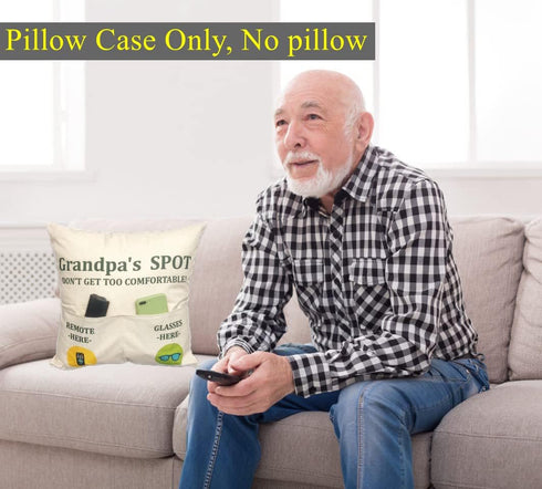 Grandpa Gifts,2-Pocket Grandpa’s Spot Throw Pillow Covers 18x18 Inch + Engraved Spoon, Fathers Day Birthday Christmas Thanksgiving Day Gifts for P...