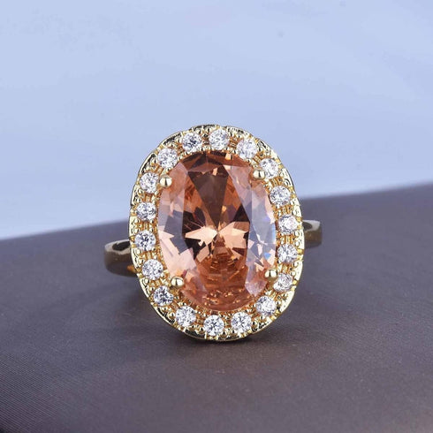 Hsitgexf Huge Oval Shaped CZ Cubic Zircon Wedding Party Statement Champagne Ring Engagement Inspired Cocktails Morganite Yellow Gold Plated Ring f...