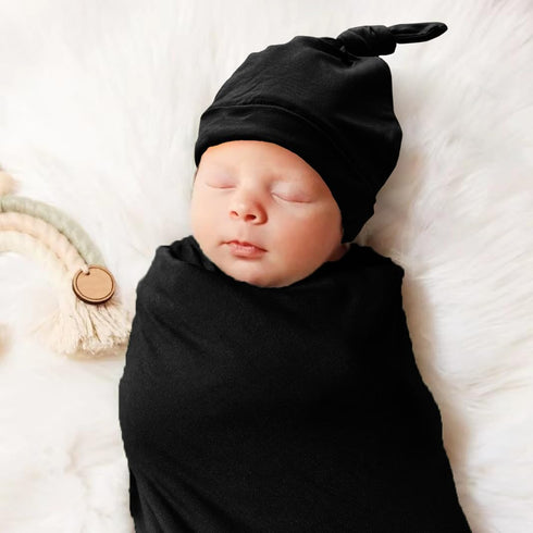 Newborn Swaddle Blanket with Hat Set Baby Swaddle Set Hospital Receiving Blankets for Girls Boys(Black)...