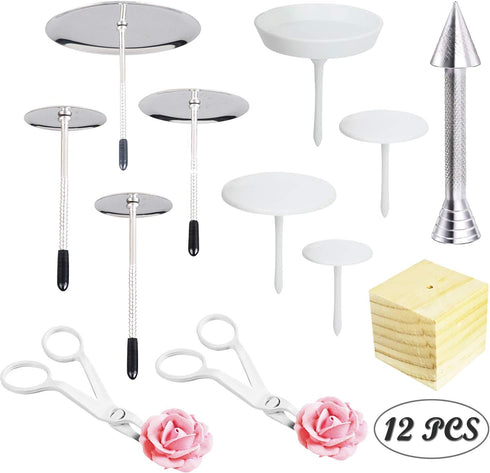 12 PCS Cake Decorating Supplies, Woohome 8 PCS 2 Style Cake Flower Nail, 2 PCS Flower Lifters and 1 PCS Wood Flower Nails Holder, 1 PCS Cake Icing...